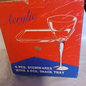Acrylic Stemware and Snack Tray Set Service For 8, 8 Glasses And 8 Trays